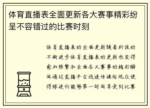 体育直播表全面更新各大赛事精彩纷呈不容错过的比赛时刻